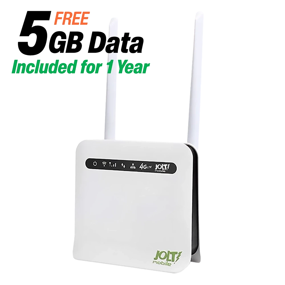JOLT 4G WiFi, 5GB router with two white antennas, featuring a black status display panel and a green JOlT logo on the front, set against a plain white background with promotional text overlay.