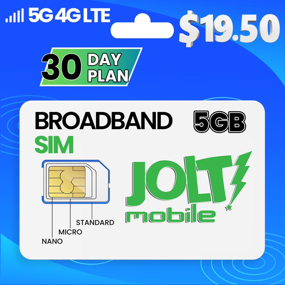 Jolt Mobile® 5 GB Prepaid High Speed Data 5G 4G LTE SIM Card
