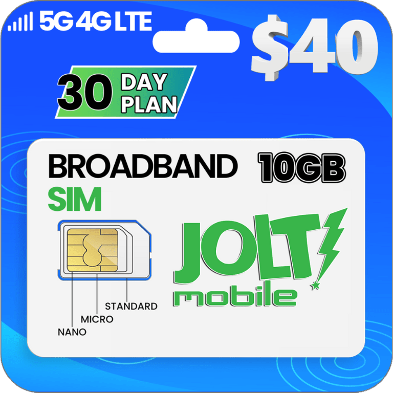 Jolt Mobile® 10 GB Prepaid High Speed Data 5G 4G LTE SIM Card