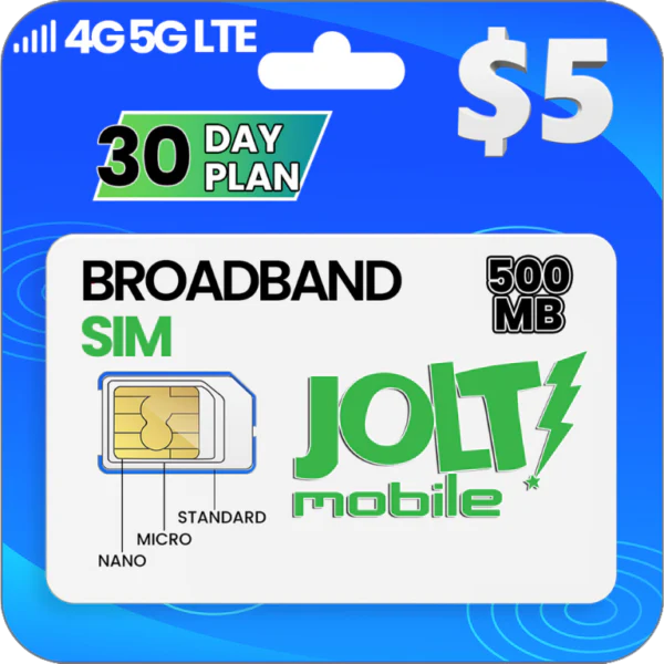 Jolt Mobile® 500 MB Prepaid High Speed Data 5G 4G LTE SIM Card