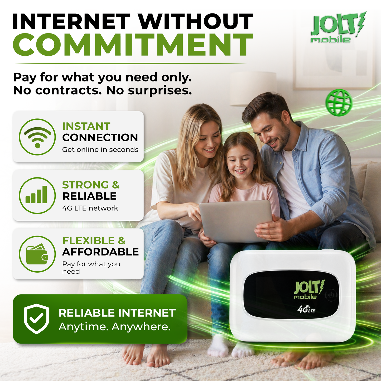 Low cost portable WiFi hotspot no contract for home use, reliable 4G LTE internet device for families, instant connection mobile hotspot.