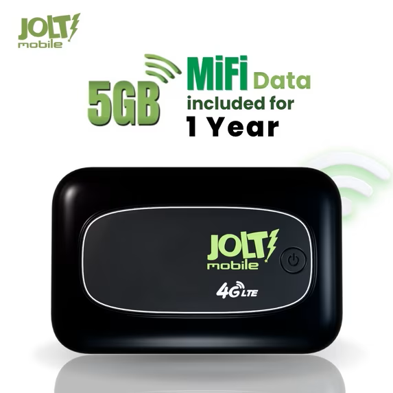 Black Jolt Mobile 4G LTE portable MiFi hotspot with 5GB prepaid wireless data included for 1 year, compact travel WiFi router for remote work, home internet backup, and mobile connectivity.