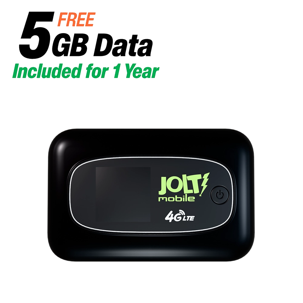 Black Jolt Mobile 4G LTE portable MiFi hotspot with 5GB prepaid wireless data included for 1 year, compact travel WiFi router for remote work, home internet backup, and mobile connectivity.
