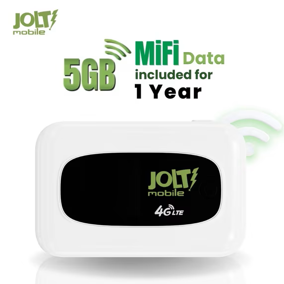 Jolt Mobile prepaid MiFi hotspot device with 5GB wireless data included for one year, portable 4G LTE internet solution for travel and remote connectivity.